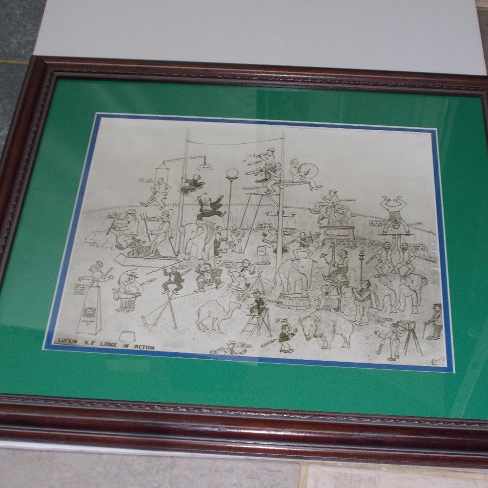 Unique "Lufkin K.P.. Lodge In Action" circus drawing matted & framed, signed